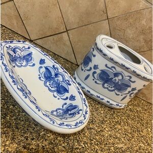 Chinese inspired blue and white Soap Dish and Toothbrush/Paste Holder